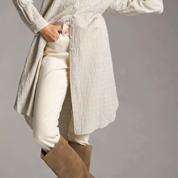 Maeve by Anthropologie Maxi Tunic Top Size S Tan White Plaid Button Down - Picture 5 of 14
